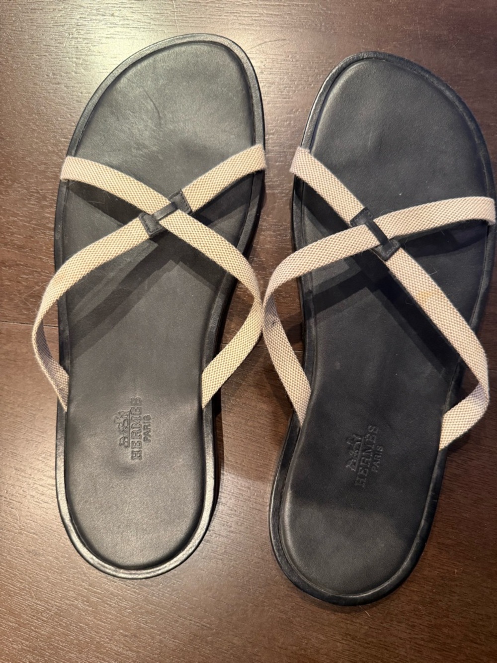 Hermès Paris Leather Sandals Black & Beige Strappy Slides 42.5 Italy - Picture 3 of 5